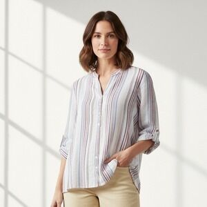 Ruby Rd Top Women's Button-Down Shirt Roll Tab Sleeve Striped Cotton Size Large